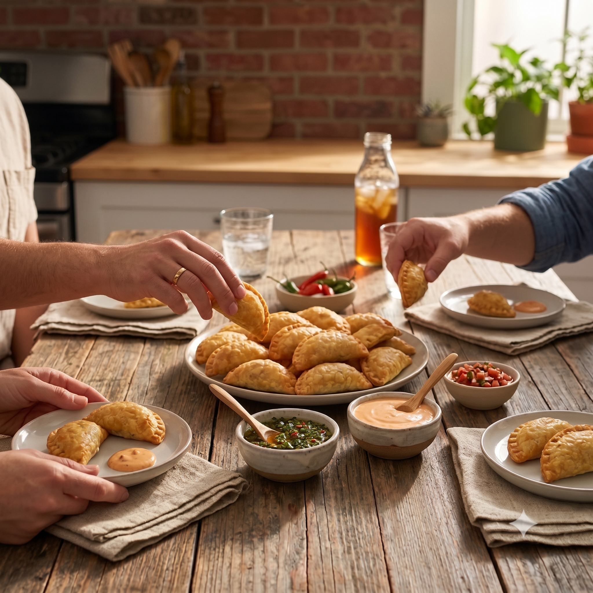 Friends sharing La Empanada empanadas